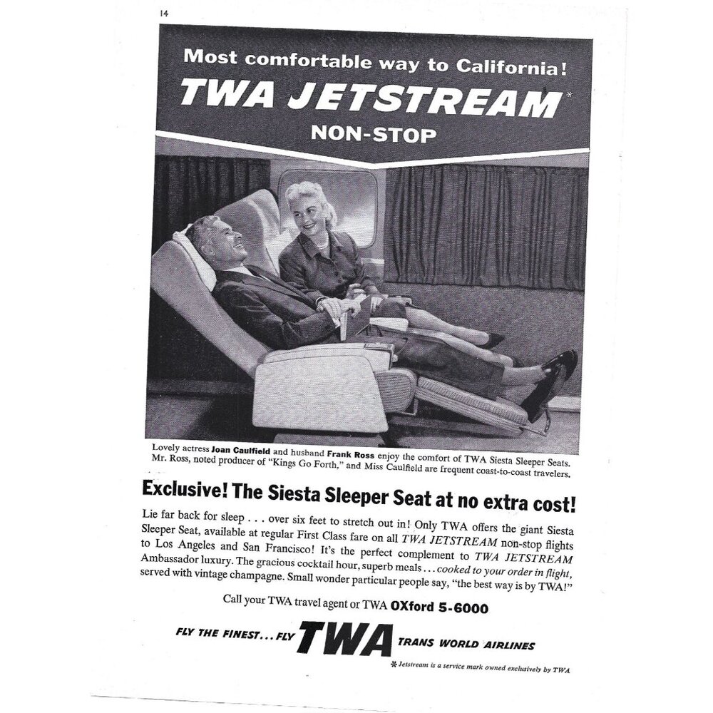 TWA Jetstream Siesta Sleeper Califorinia 1950s Vintage Print Ad 9 inch Tall